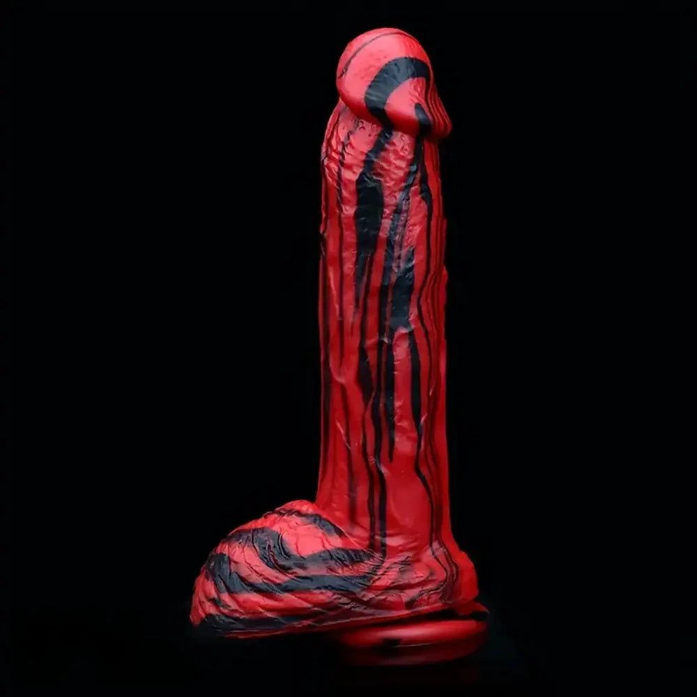 Red and black marbled silicone dildo, photo 9