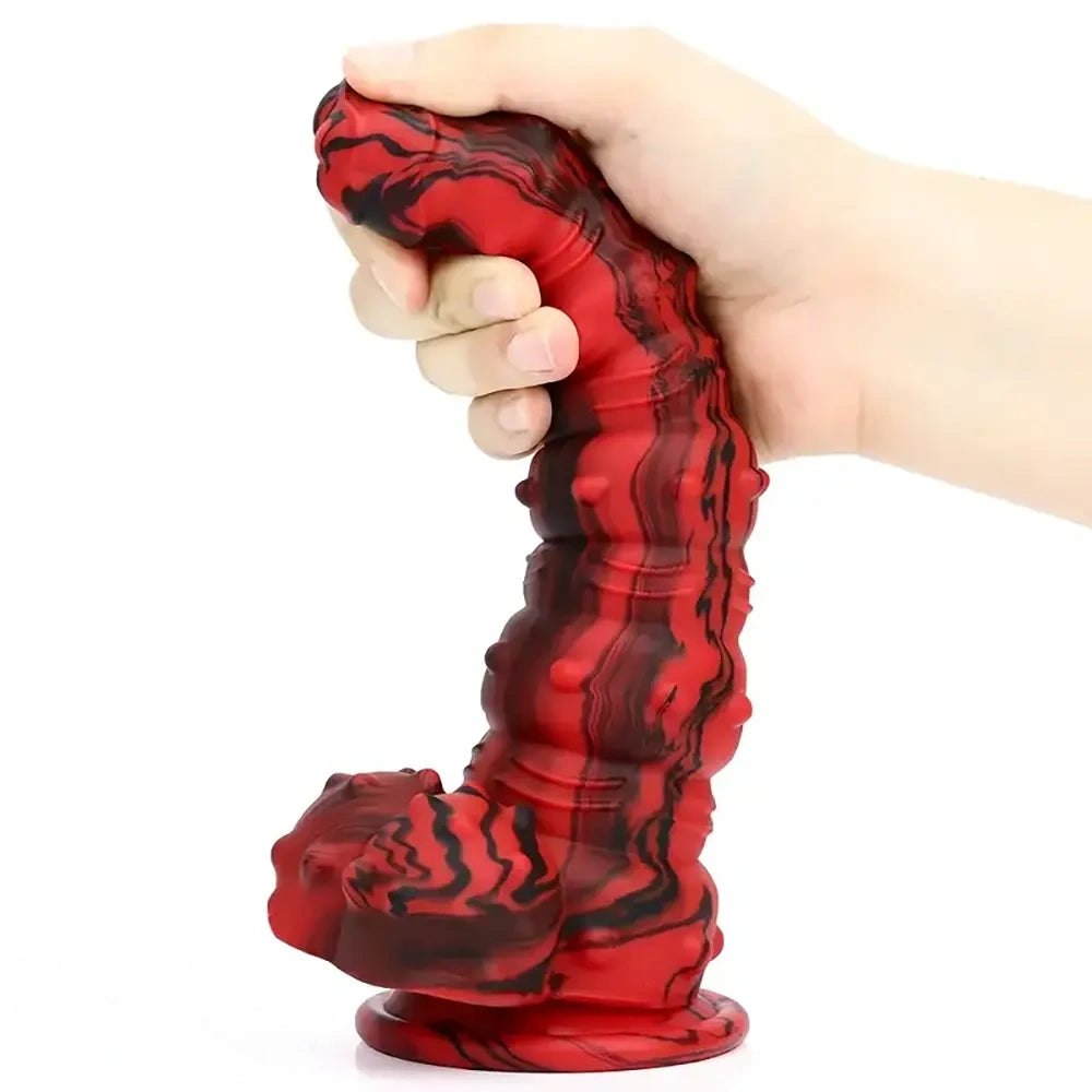 Red and black marbled spiked fantasy dildo, photo 1