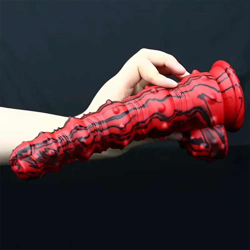 Red and black marbled spiked fantasy dildo, photo 10