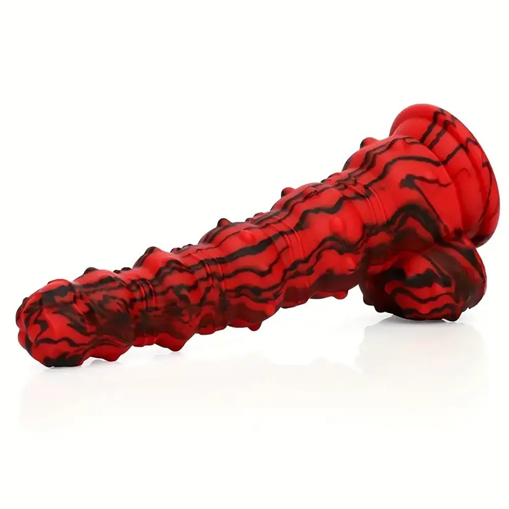 Red and black marbled spiked fantasy dildo, photo 2