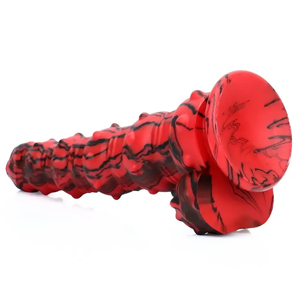 Red and black marbled spiked fantasy dildo, photo 3