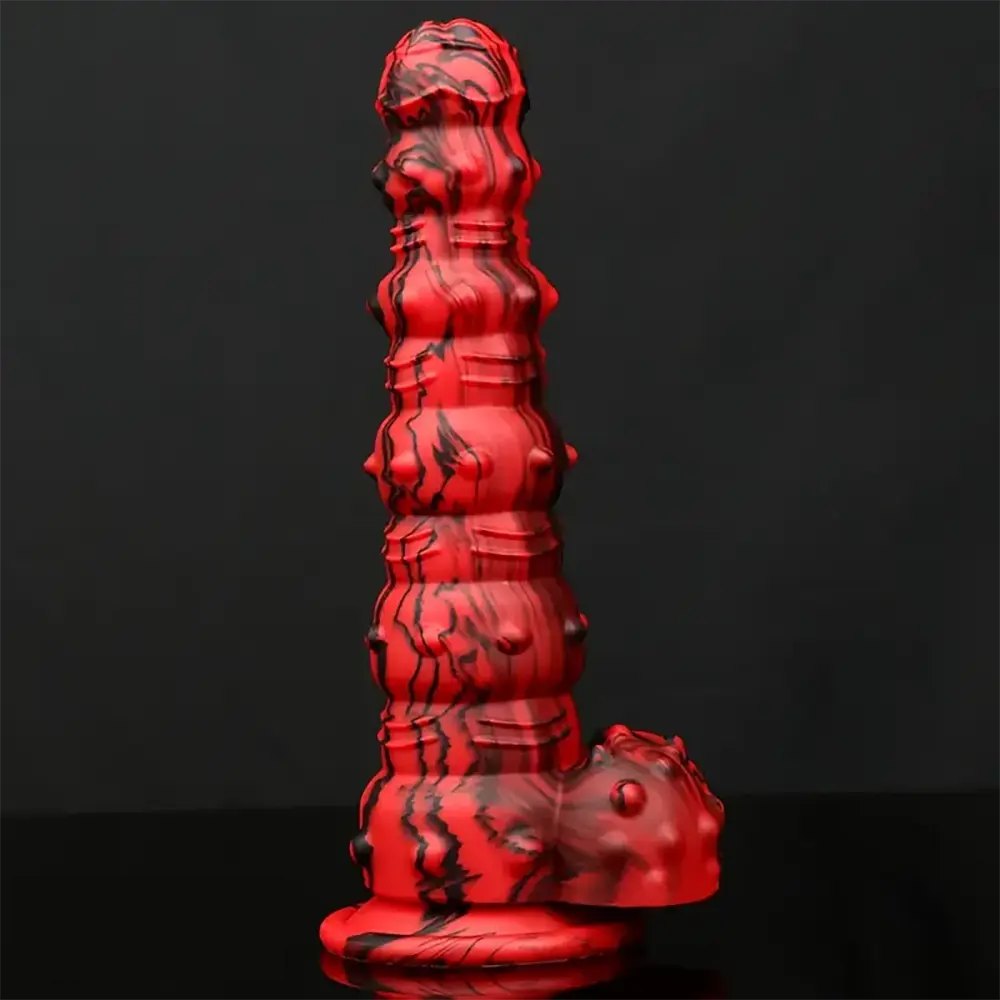 Red and black marbled spiked fantasy dildo, photo 4