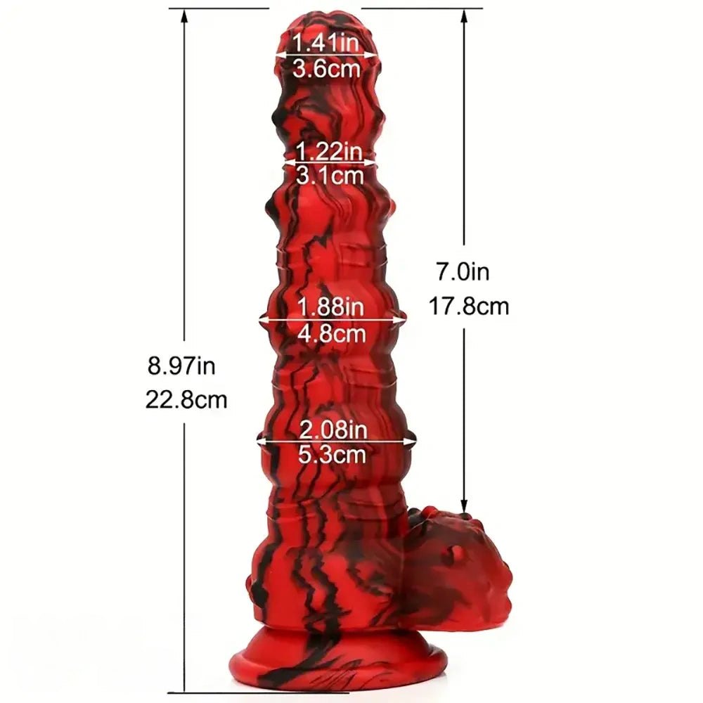 Red and black marbled spiked fantasy dildo, photo 5