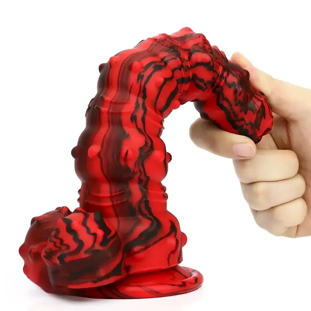 Red and black marbled spiked fantasy dildo, photo 6