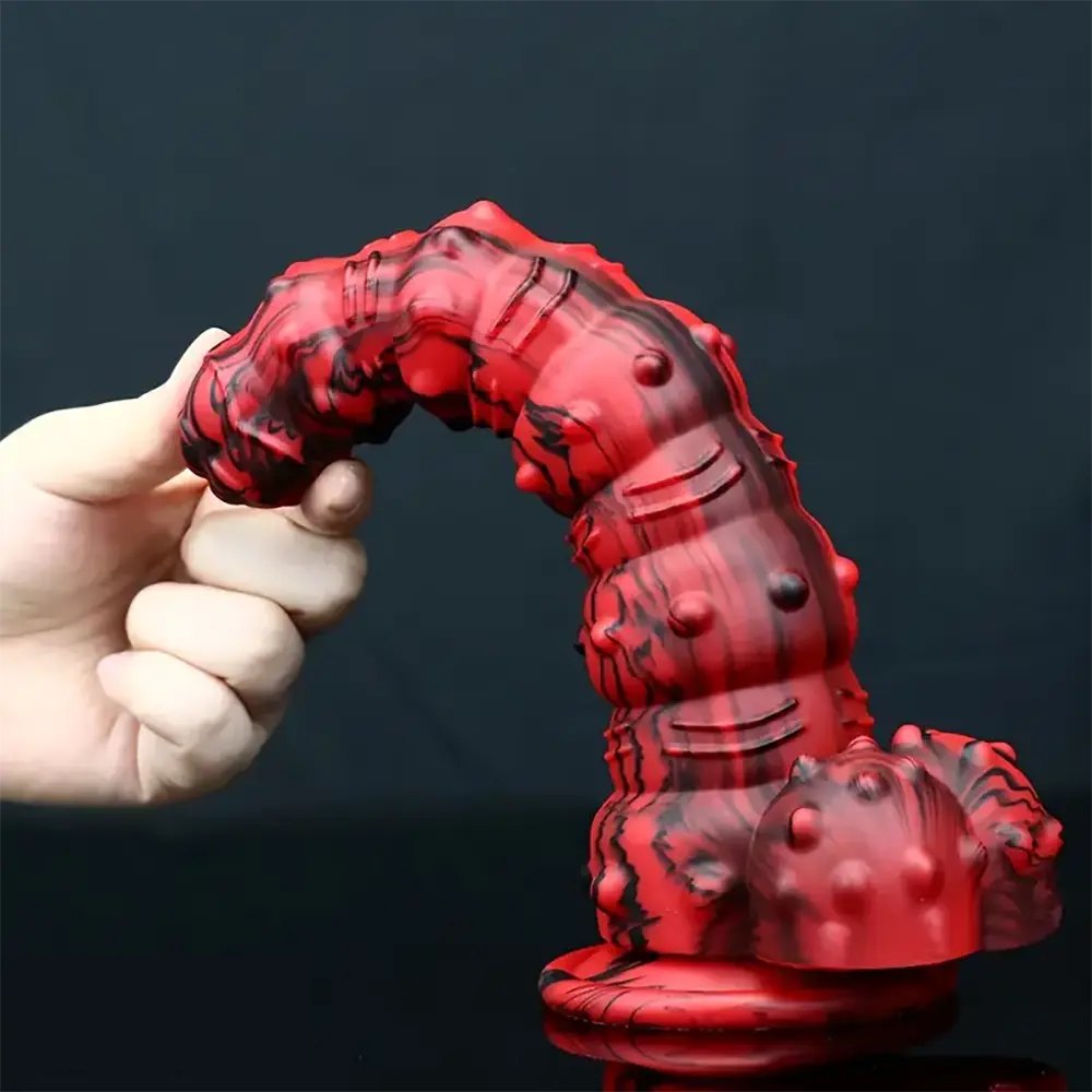 Red and black marbled spiked fantasy dildo, photo 7