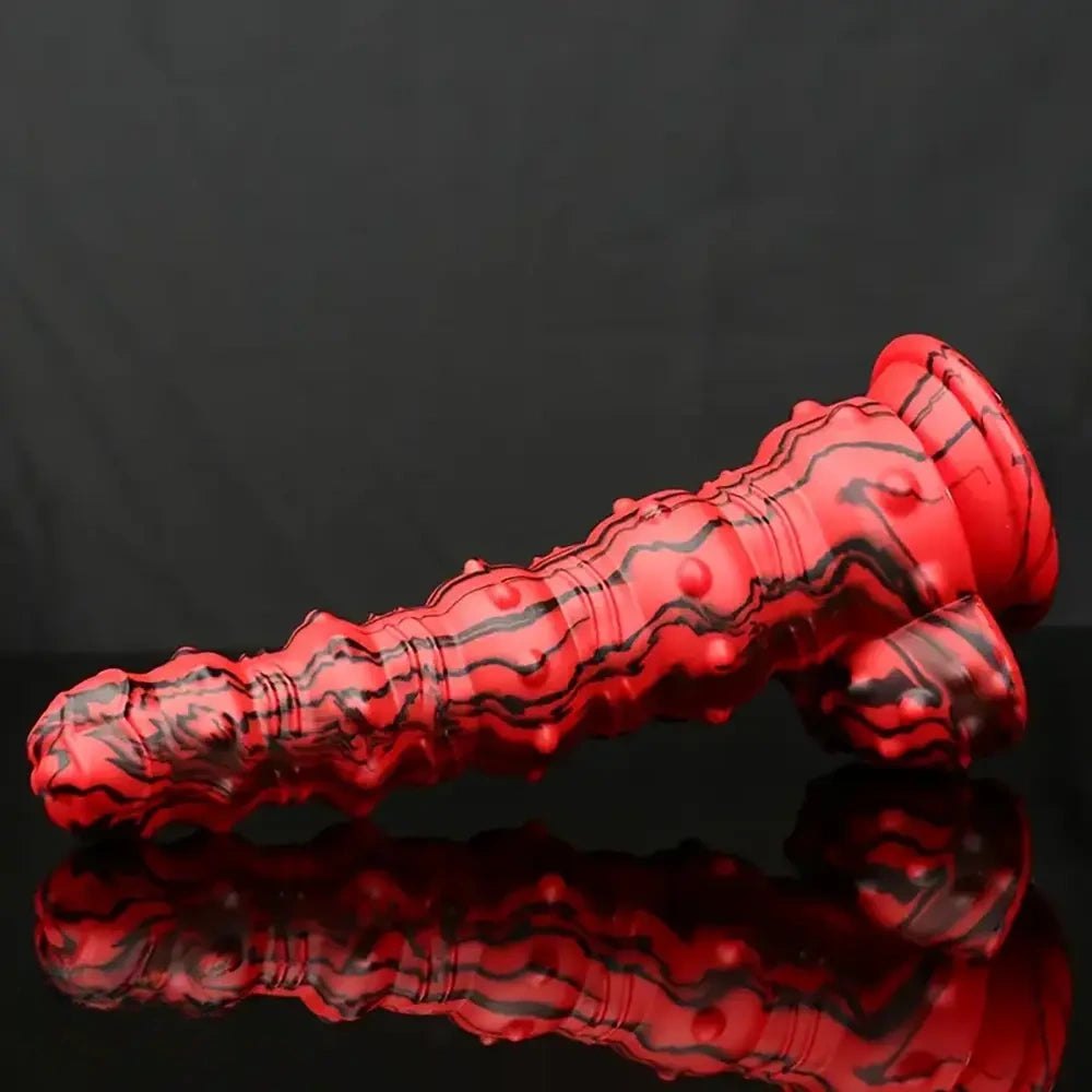 Red and black marbled spiked fantasy dildo, photo 8