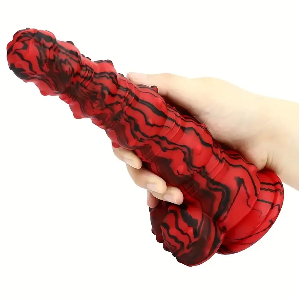 Red and black marbled spiked fantasy dildo, photo 9
