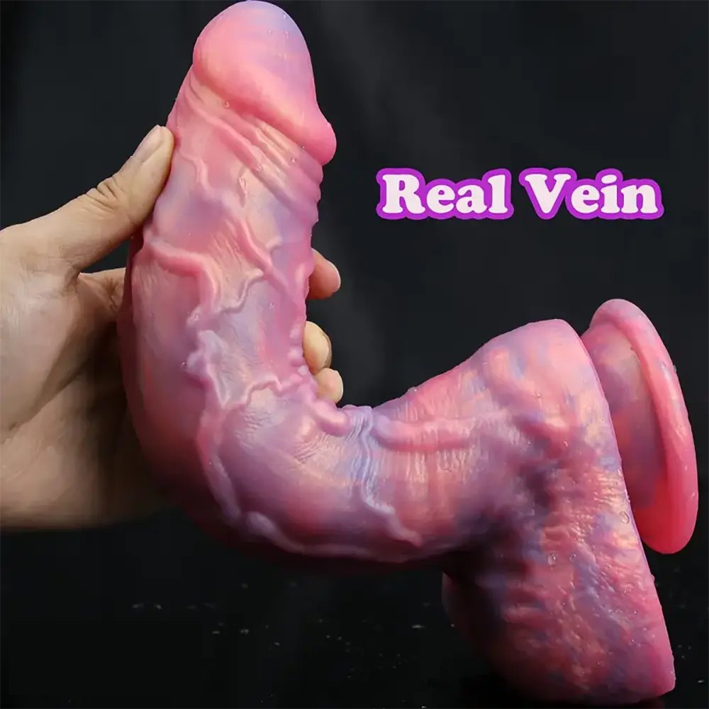 Marbled pink and purple silicone realistic dildo, photo 4