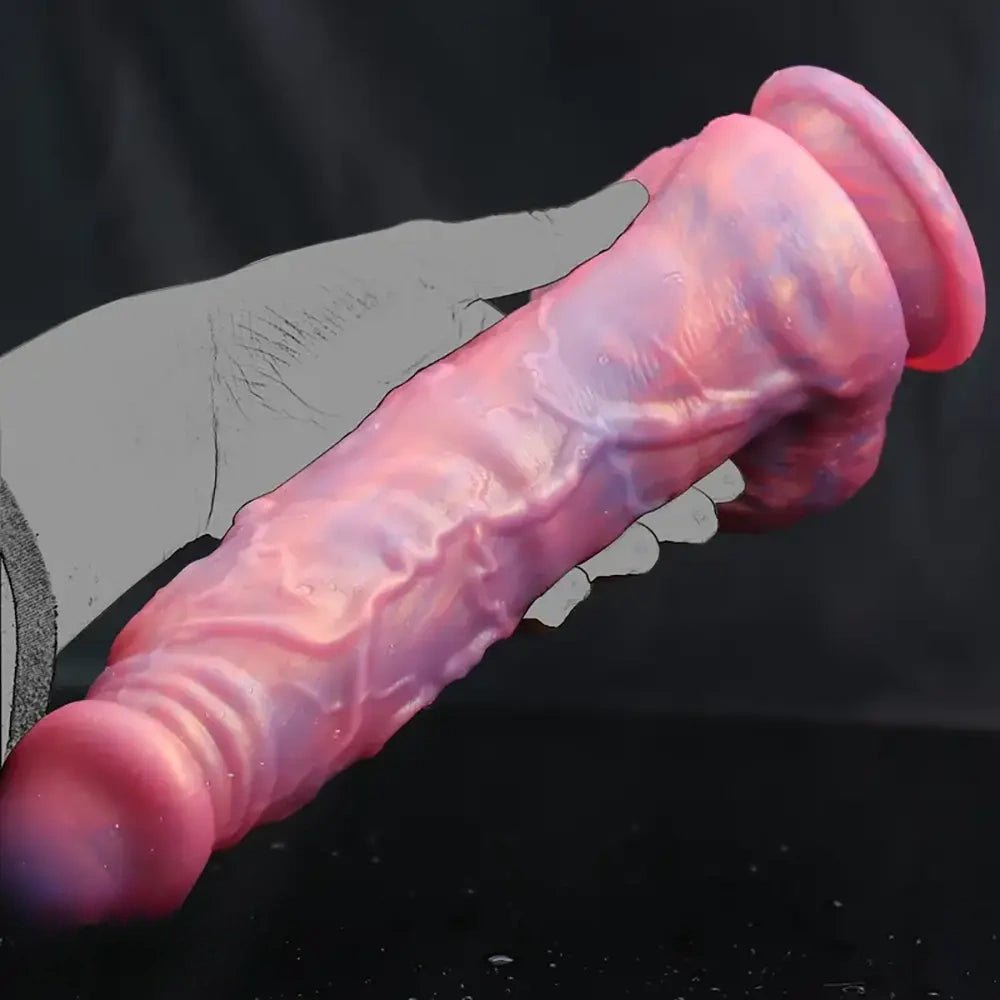 Marbled pink and purple silicone realistic dildo, photo 7