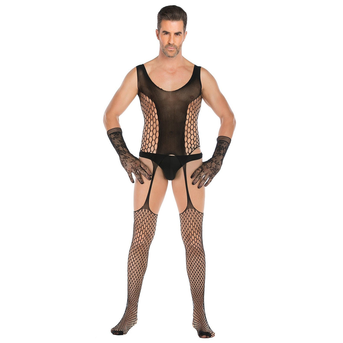 Black Set men s fishnet crotchless bodysuit