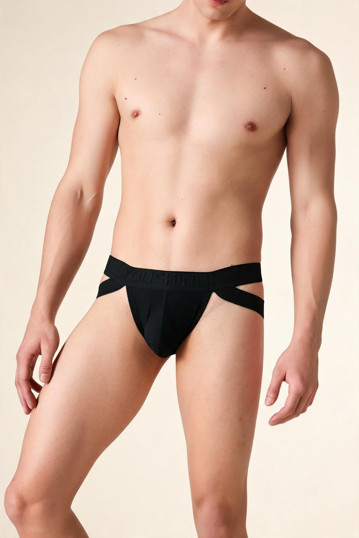 Black mens double waistband crisscross strap thong