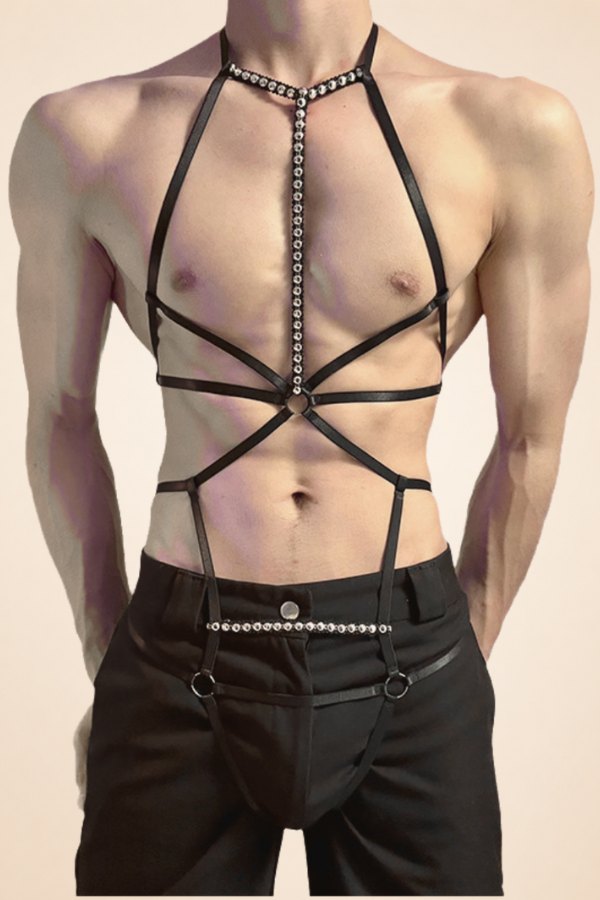 Black mens faux leather body harness set