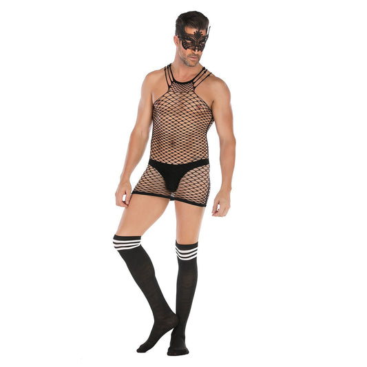 Black Set mens fishnet halter bodysuit stocking mask set