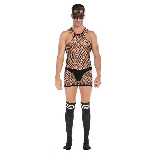 Mens fishnet halter bodysuit stocking mask set, photo 2
