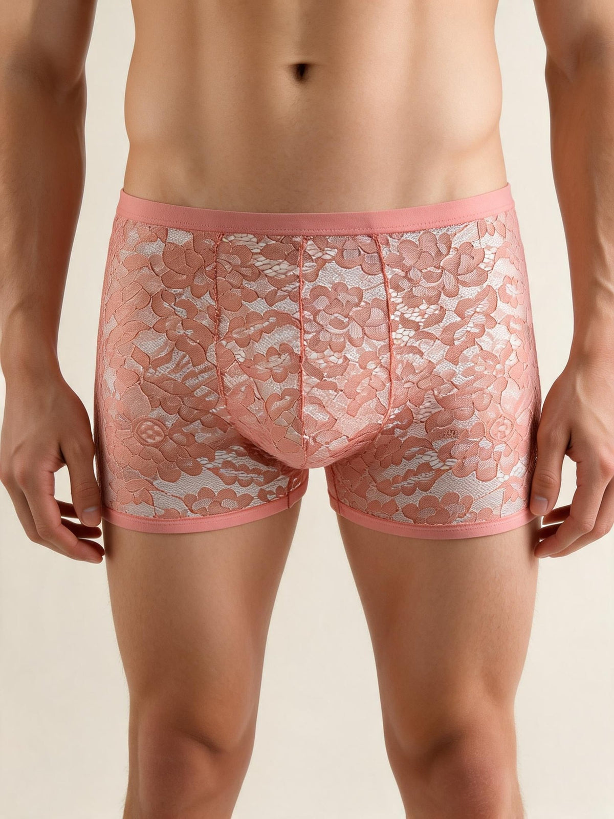Pink mens floral lace sheer boxer briefs
