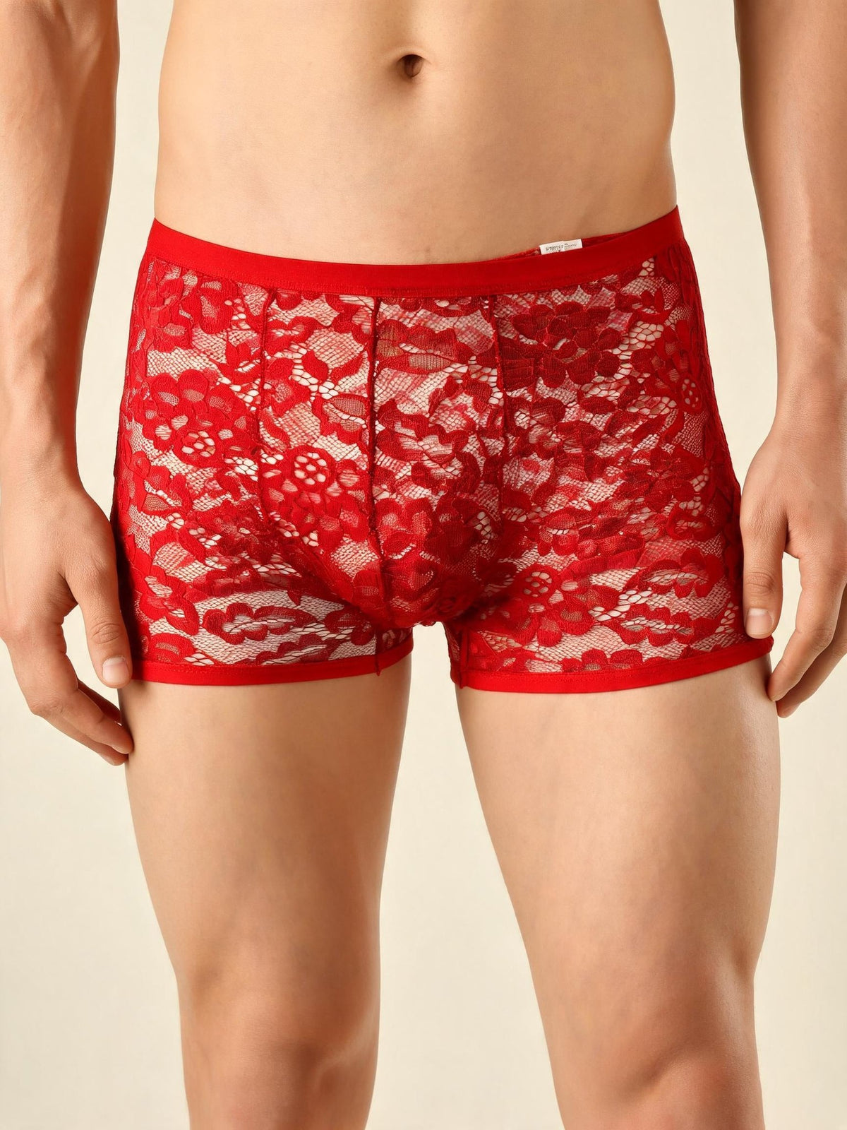Red mens floral lace sheer boxer briefs