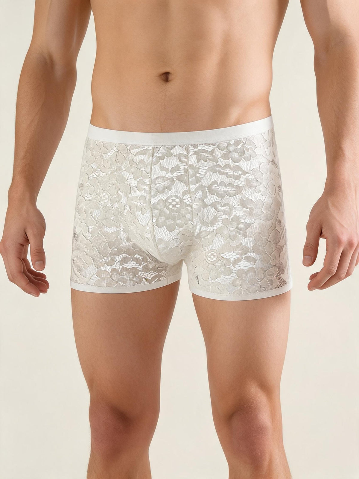 White mens floral lace sheer boxer briefs