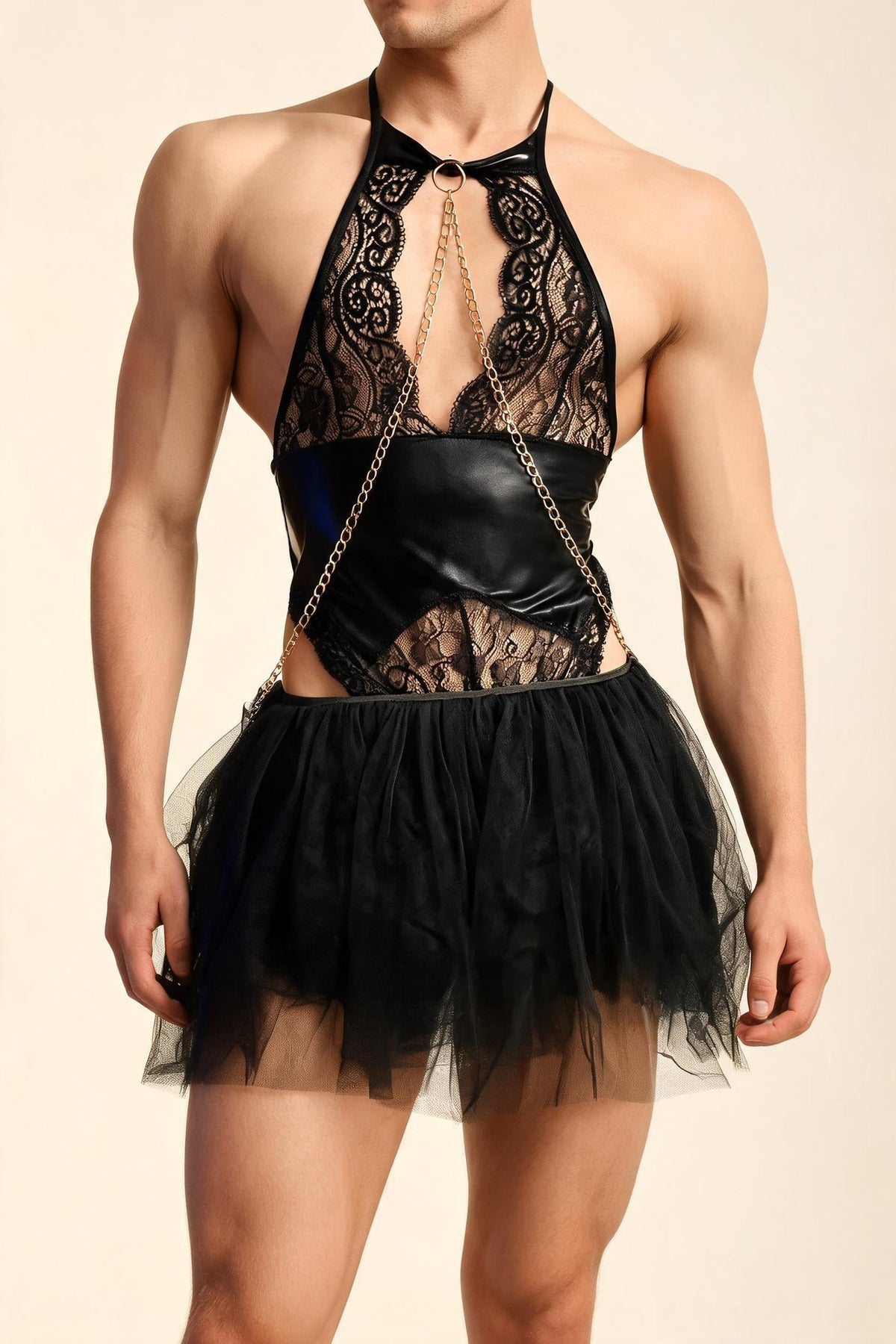 Mens halter pu leather lace chain bodysuit, photo 1