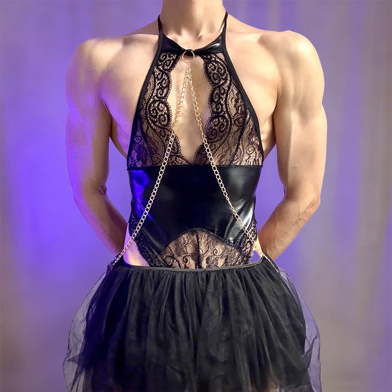 Mens halter pu leather lace chain bodysuit, photo 2