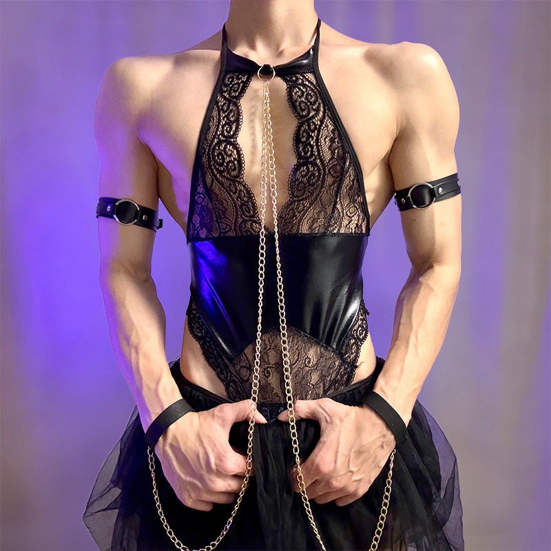 Mens halter pu leather lace chain bodysuit, photo 3