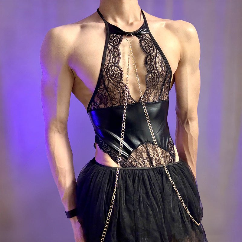 Mens halter pu leather lace chain bodysuit, photo 4
