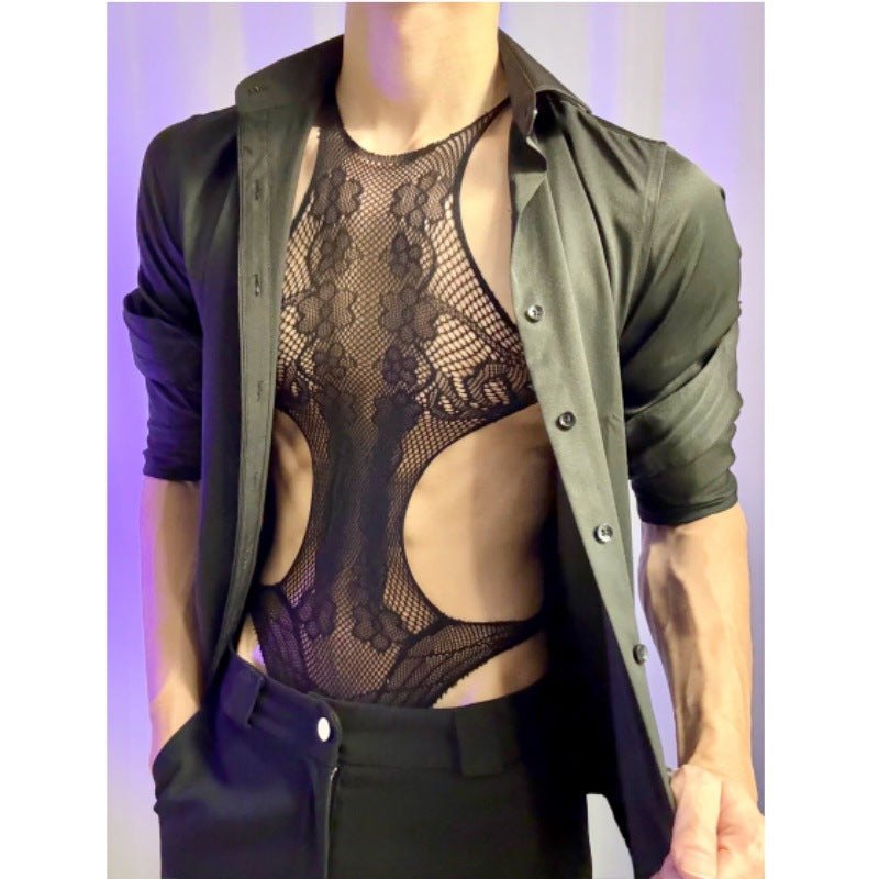 Mens high neck side cutout lace teddy, photo 2