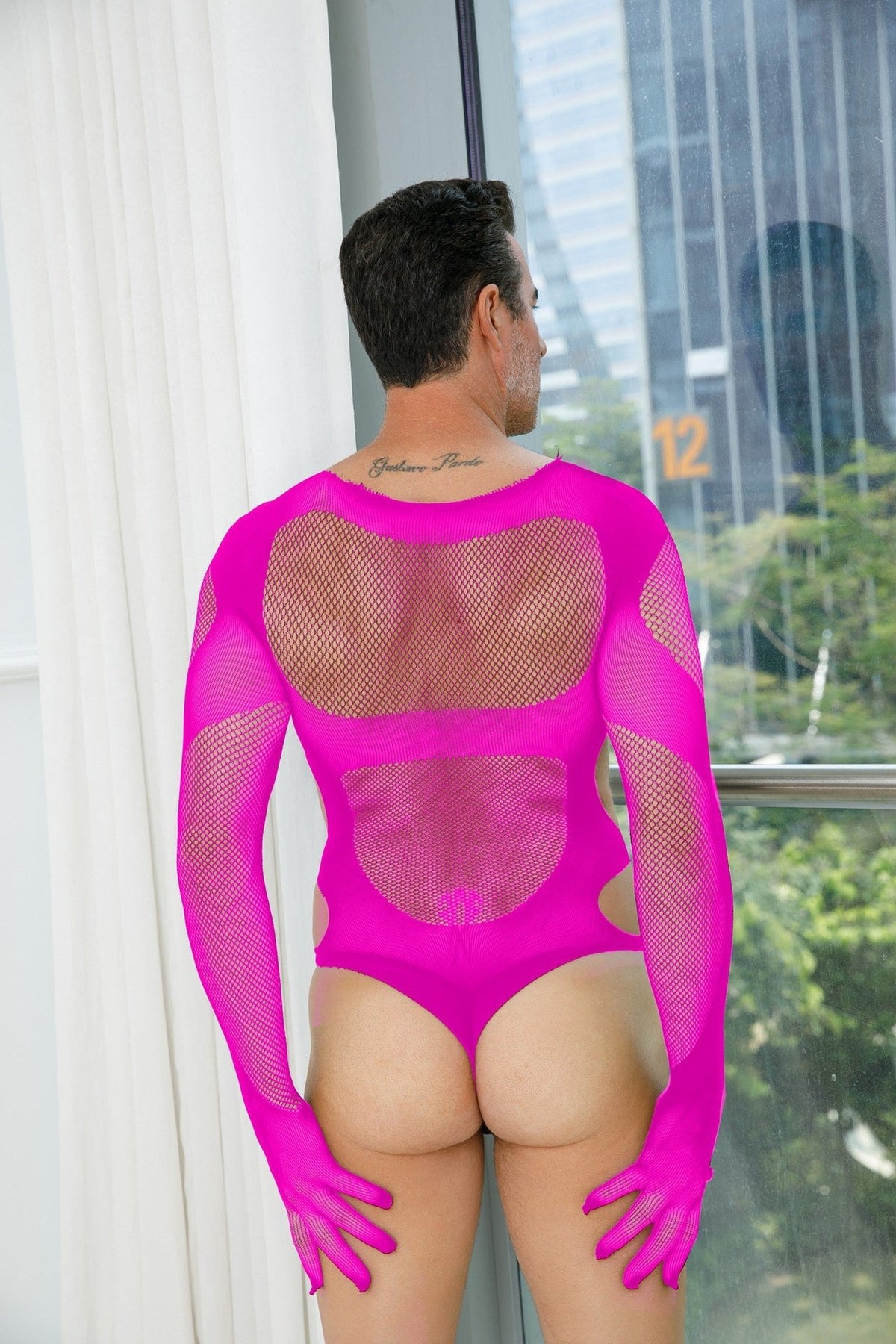 Rose mens hollow out see through mesh bodysuit