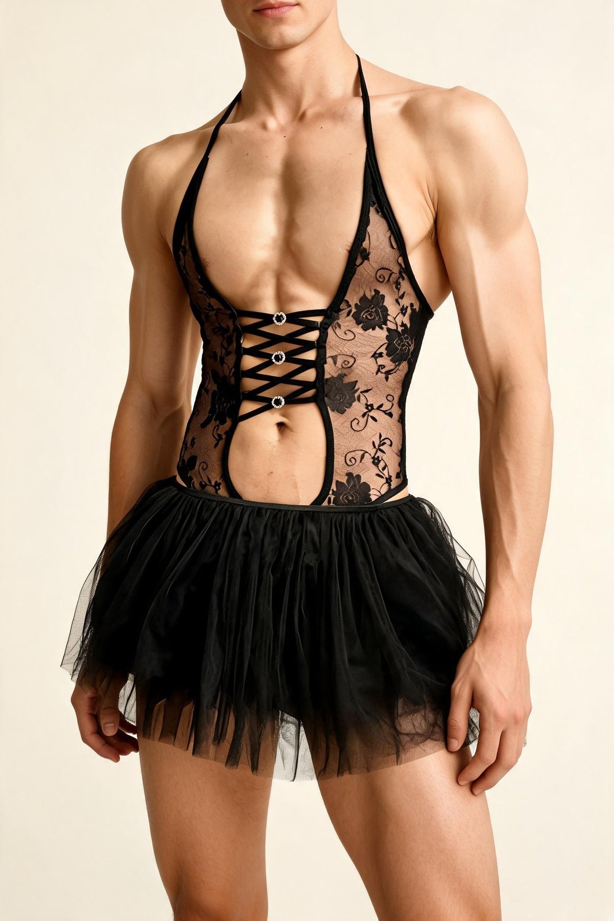 Mens lace halter tulle skirt bodysuit, photo 1