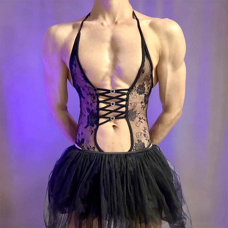 Mens lace halter tulle skirt bodysuit, photo 2