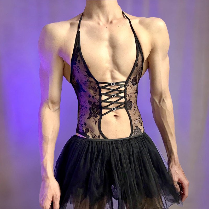 Mens lace halter tulle skirt bodysuit, photo 4