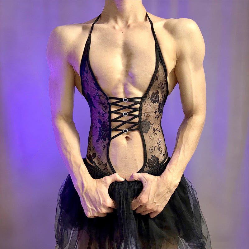 Mens lace halter tulle skirt bodysuit, photo 6