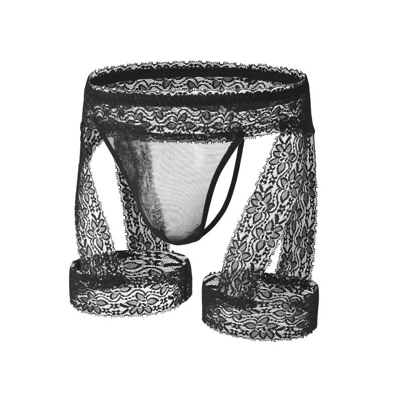 Black mens lace trim bulge pouch garter g-string
