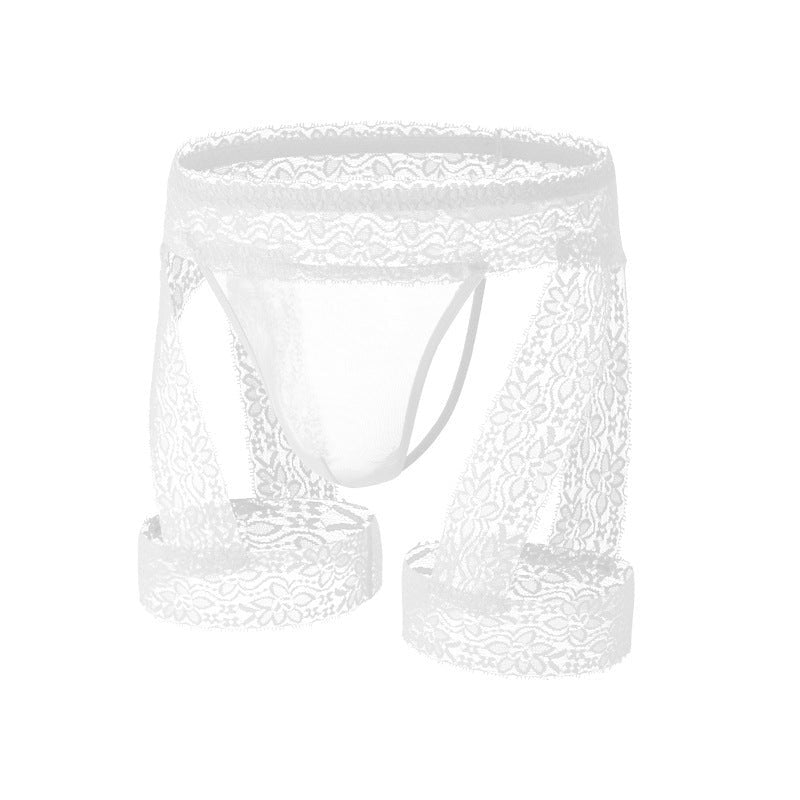 White mens lace trim bulge pouch garter g-string