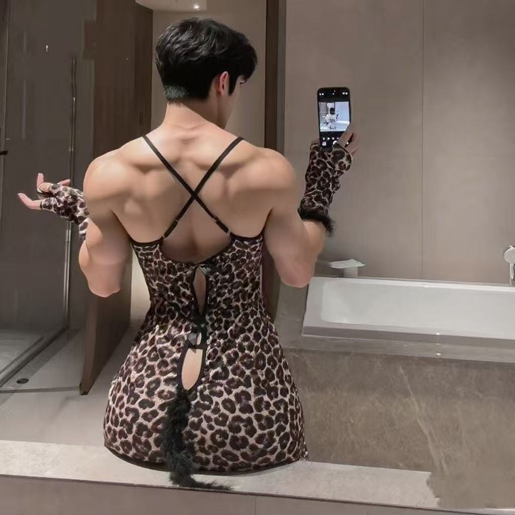 Mens leopard print satin lace slip dress, photo 3