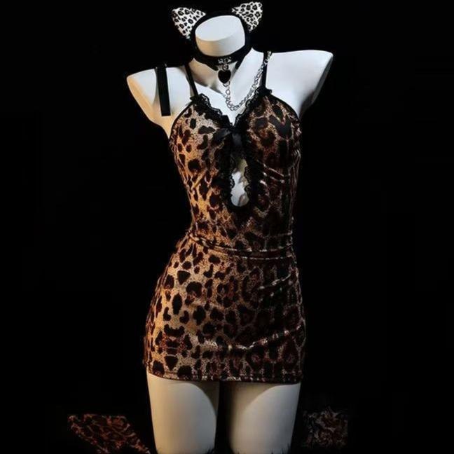Mens leopard print satin lace slip dress, photo 4