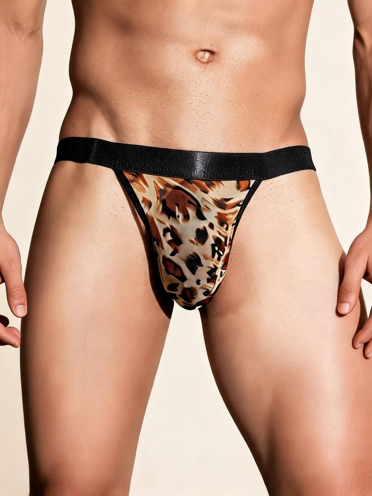 Mens leopard print wide waistband bulge thong, photo 1