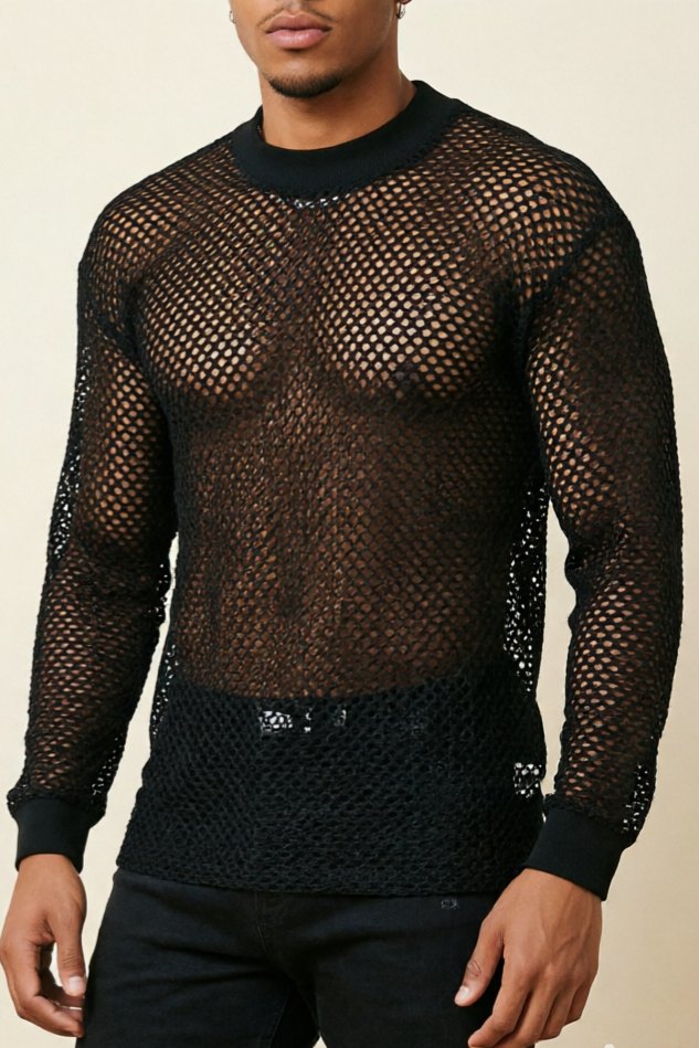 Black mens long sleeve fishnet mesh top