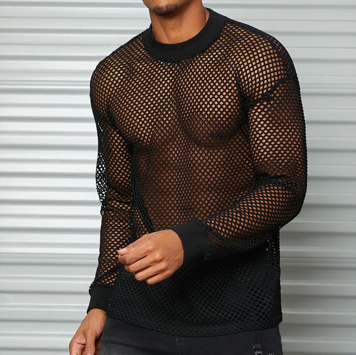 Mens long sleeve fishnet mesh top, photo 2