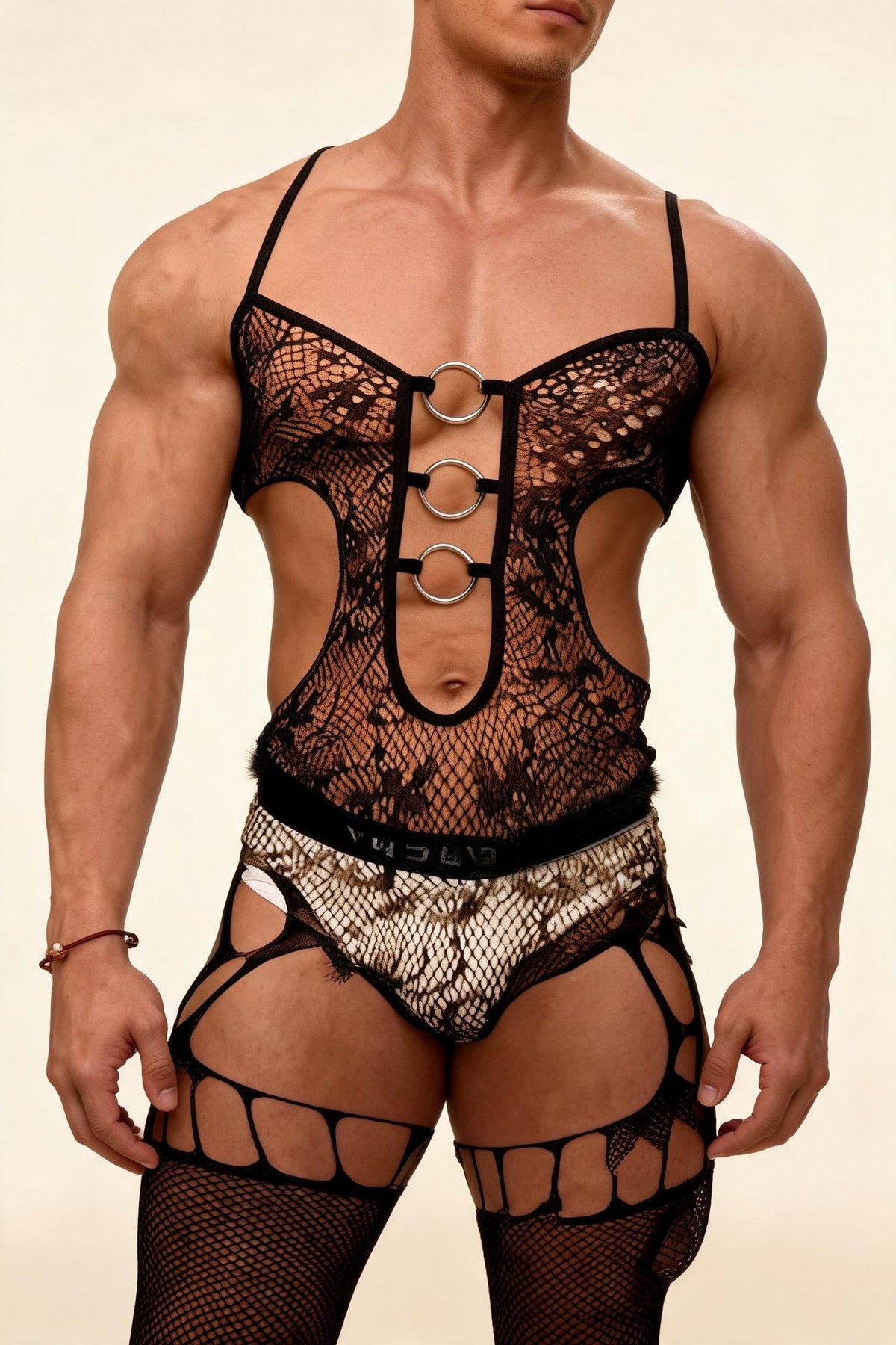 Mens metal oring cutout suspender bodysuit, photo 1