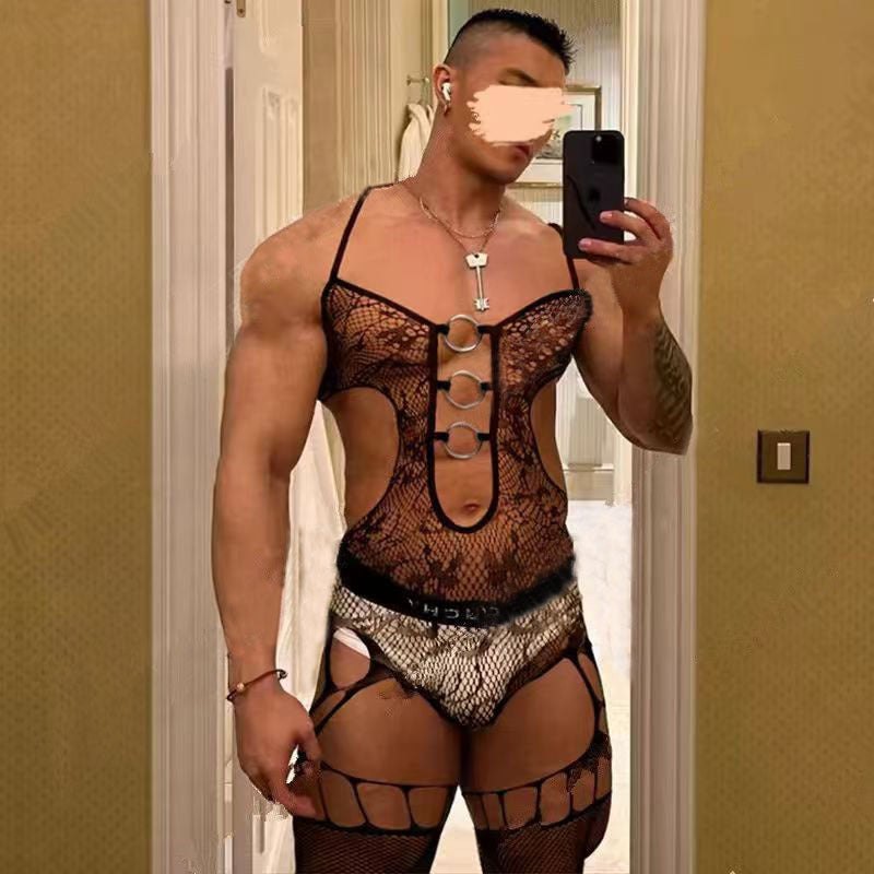 Mens metal oring cutout suspender bodysuit, photo 2