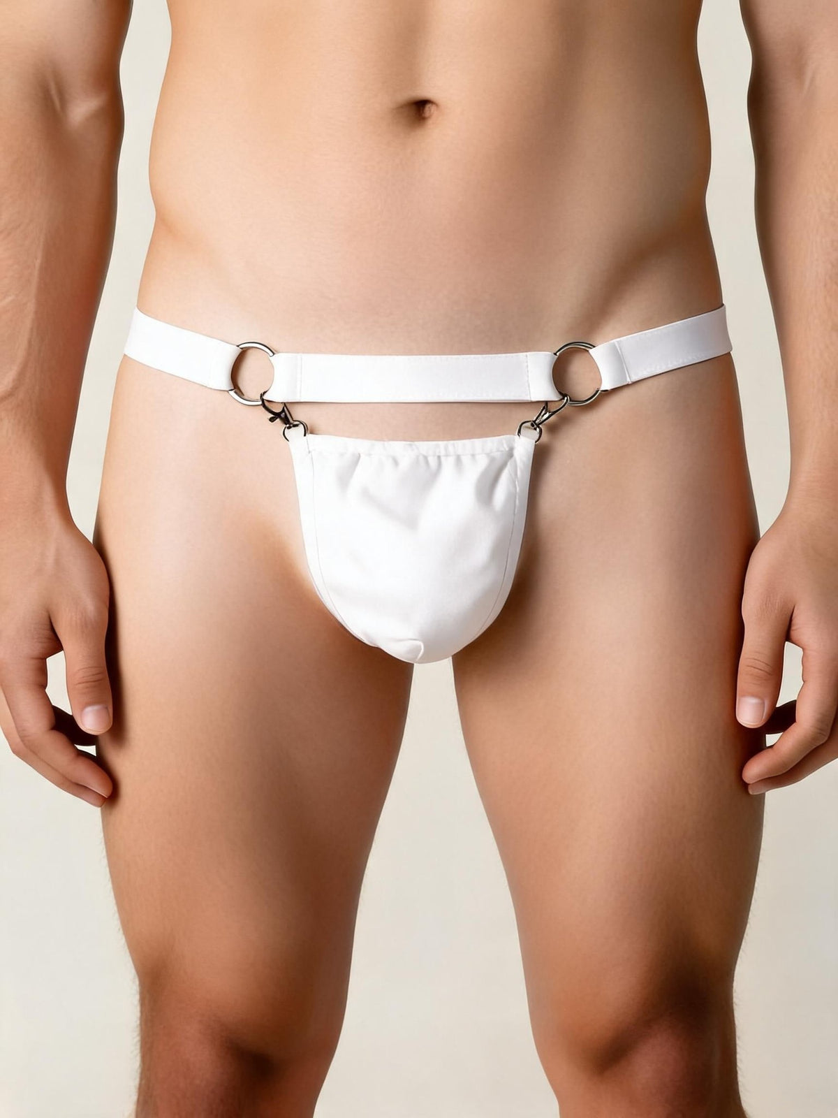 White mens metal ring low rise pouch thong
