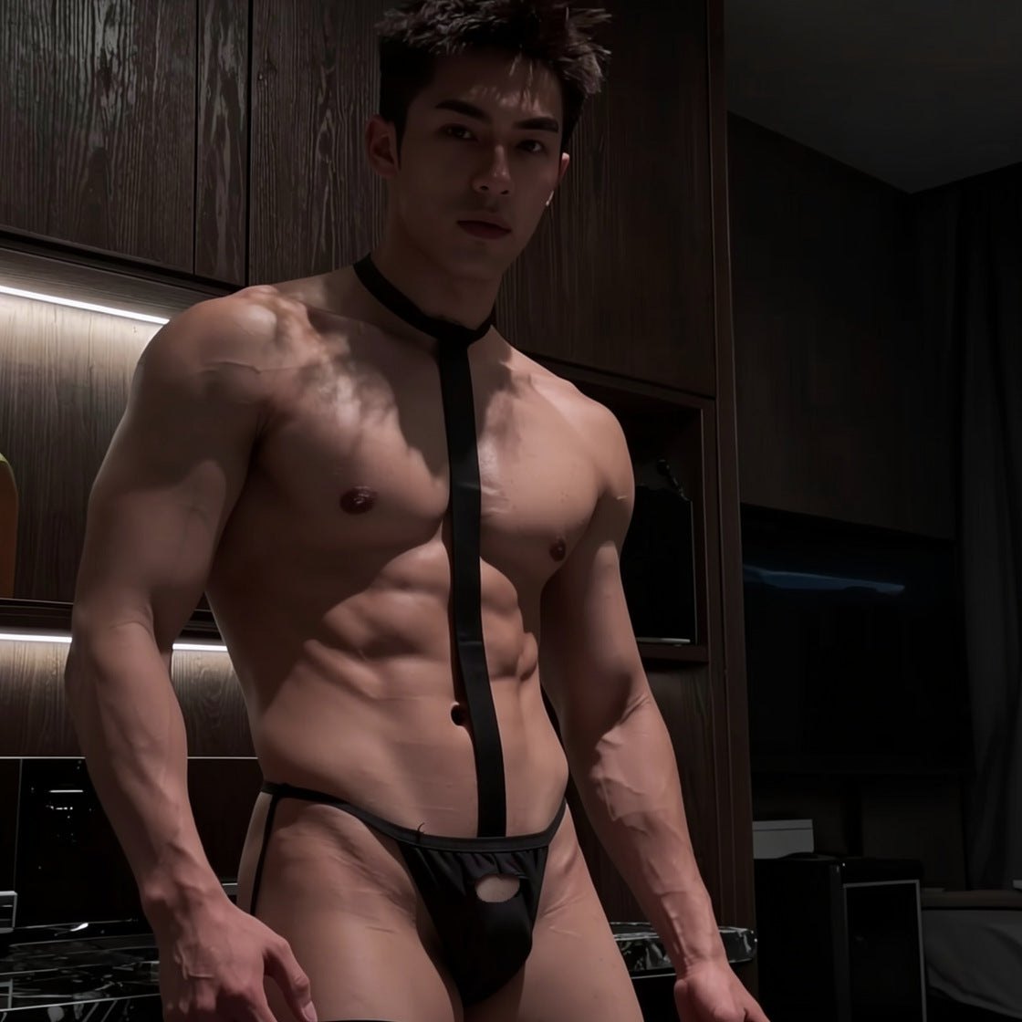 Mens necktie halter leg harness thong, photo 3