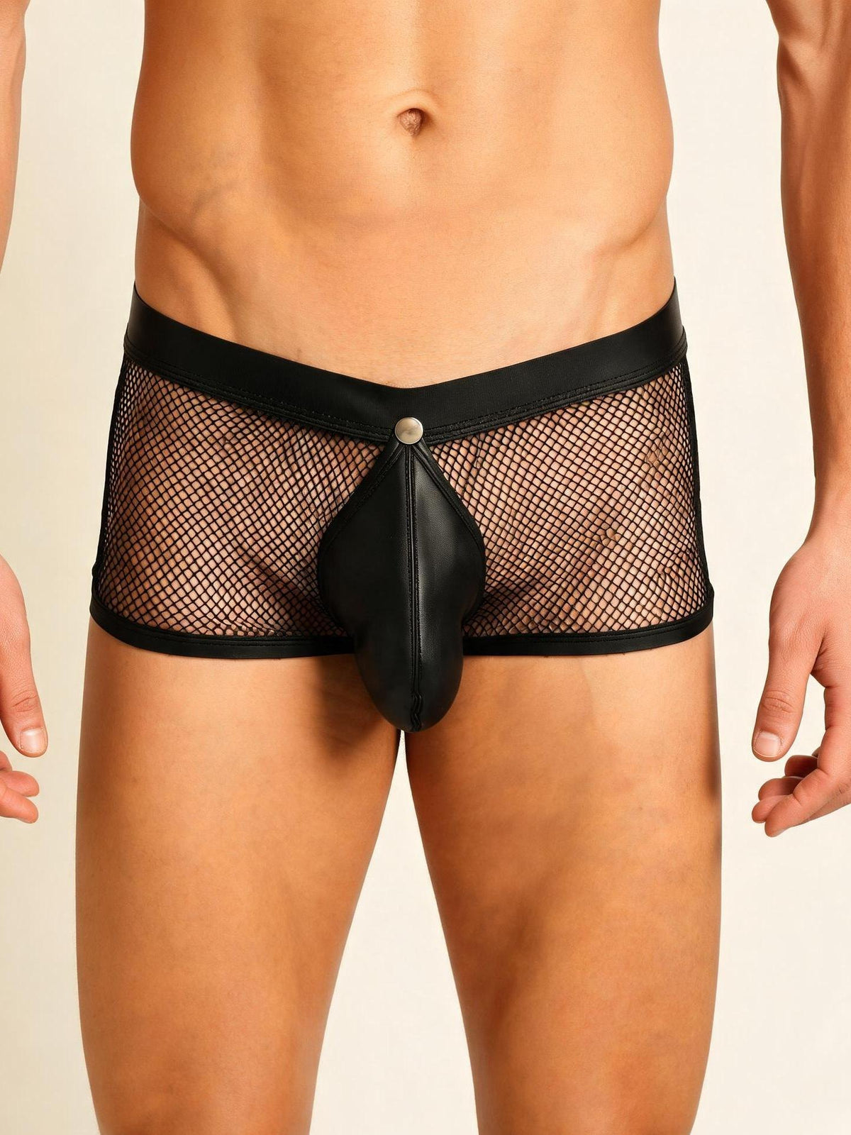Black mens neon mesh pu leather trim boxer briefs