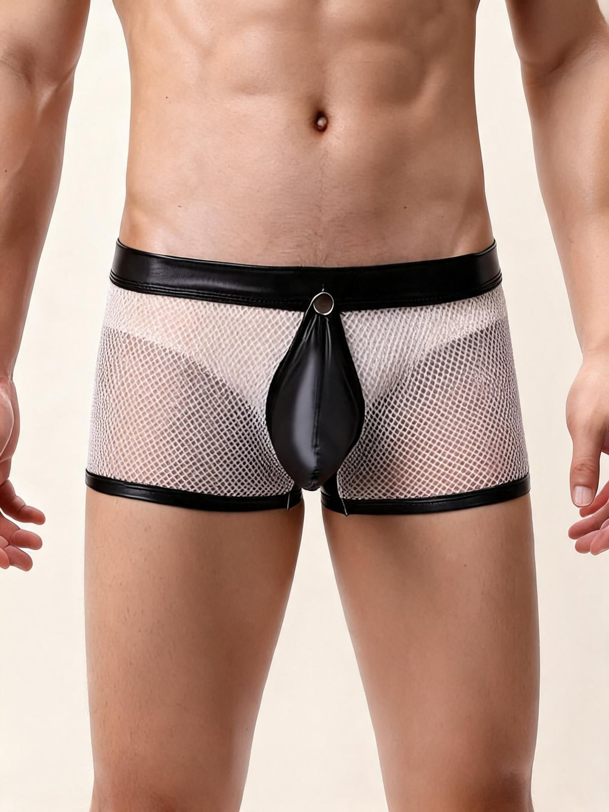 White mens neon mesh pu leather trim boxer briefs