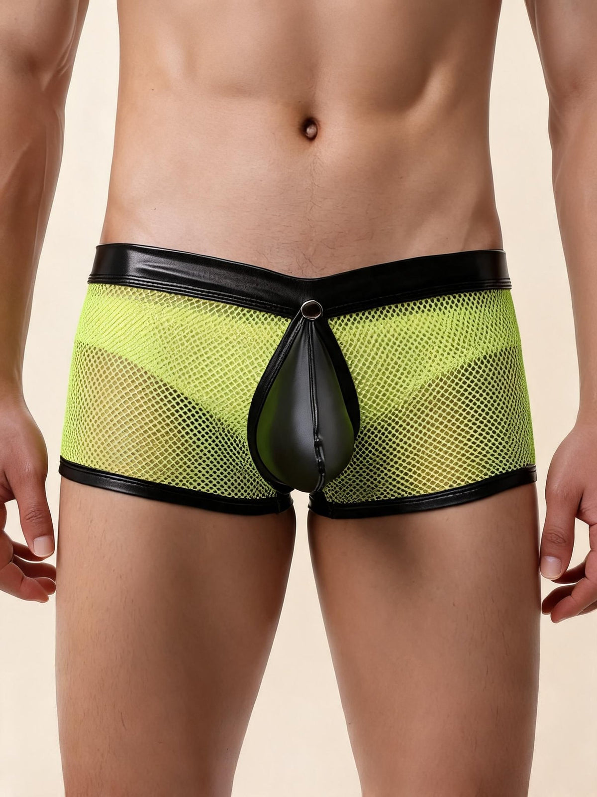 Yellow mens neon mesh pu leather trim boxer briefs