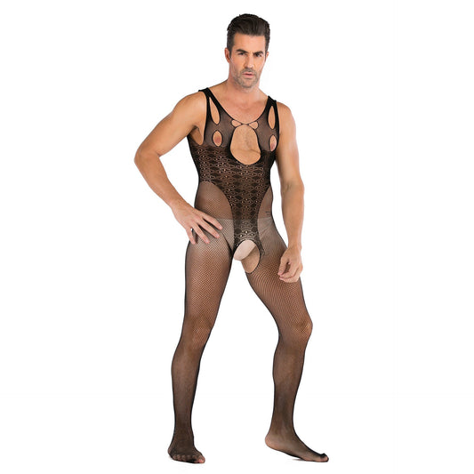 Black mens open chest mesh jumpsuit