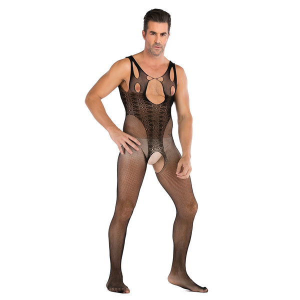 Black mens open chest mesh jumpsuit