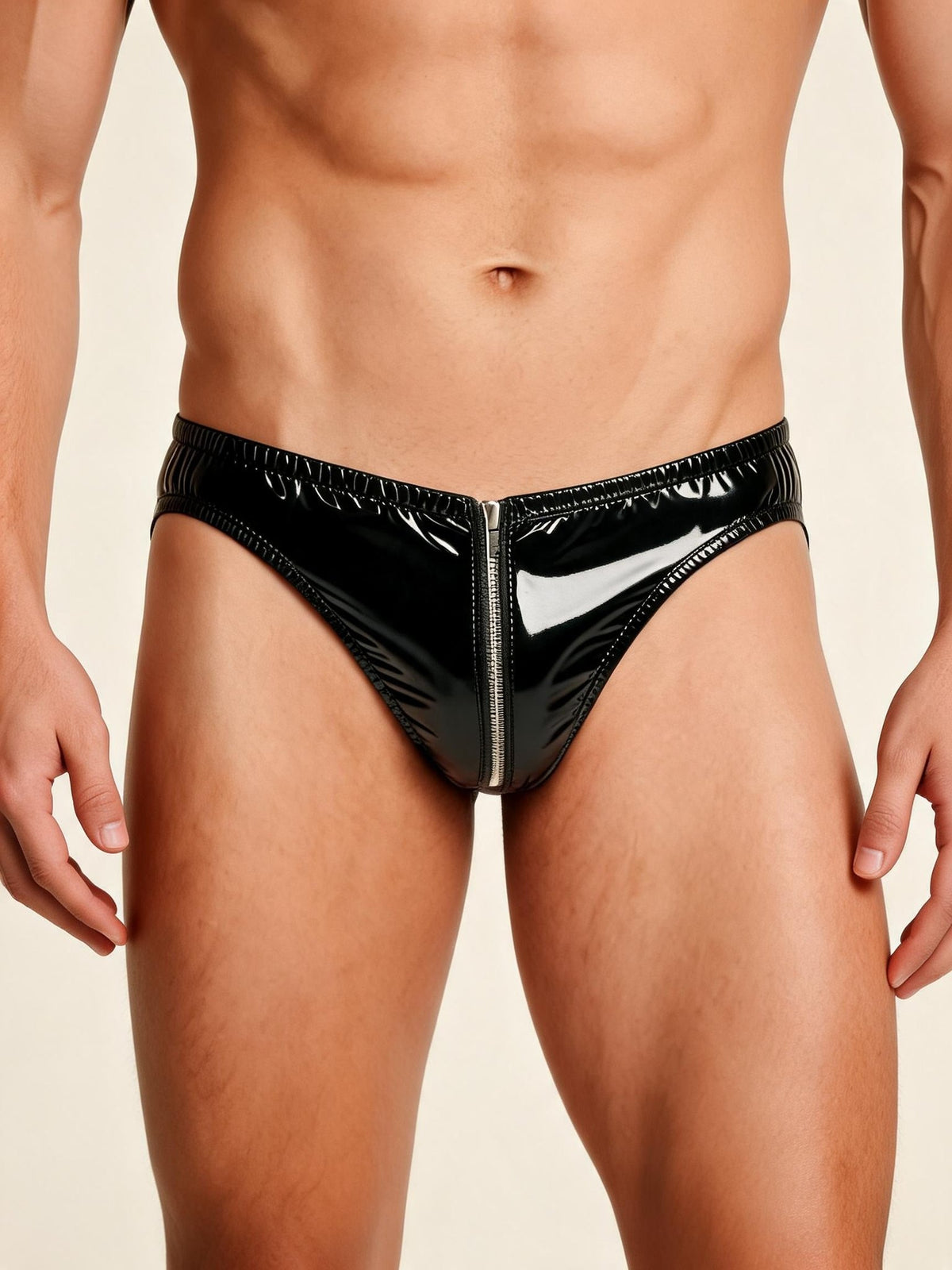Black mens pvc patent leather zipper thong