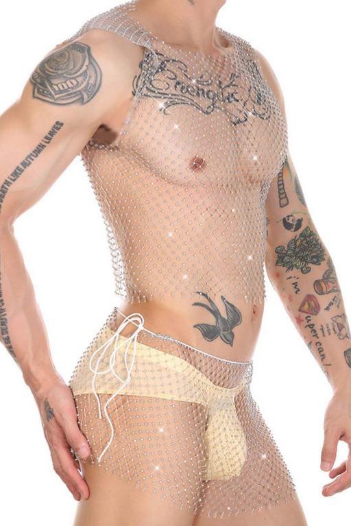 Mens rhinestone fishnet mesh bodysuit, photo 1