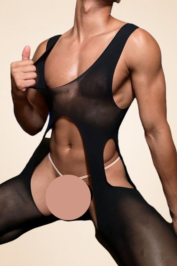 Mens sheer mesh high cut leg bodysuit, photo 1